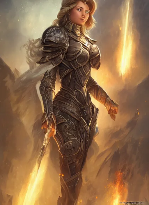 Prompt: a strong female paladin, full body, 8 k, hyperrealistic, hyperdetailed, fantasy portrait by laura sava
