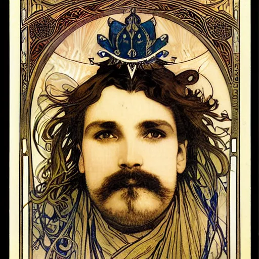 Image similar to a close up man with small mustache and small beard by louis - theophile hingre and alphonse mucha, realistic, sharp focus, zodiac signs, tarot cards, planets, ethereal, art nouveau, magic, moon, sun, crown, dreamy, royal, jewellery