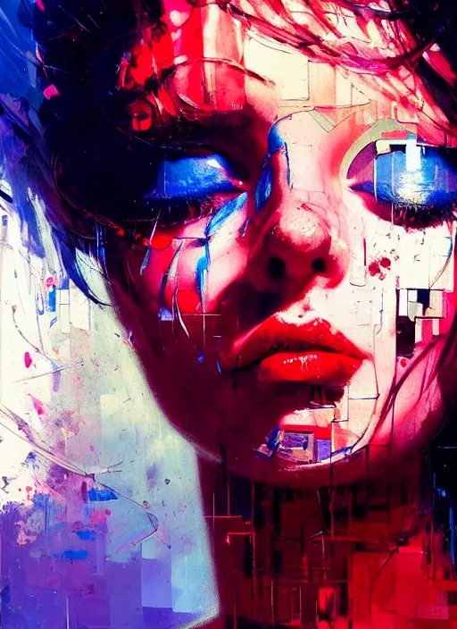 Image similar to portrait of beautiful girl, ecstatic, wonderful techno party, eyes closed, shades of red and blue, beautiful face, rule of thirds, intricate outfit, spotlight, by greg rutkowski, by jeremy mann, by francoise nielly, by van gogh, digital painting