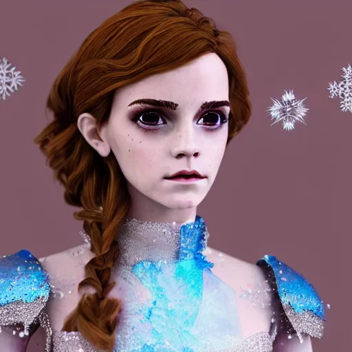 Image similar to Portrait shot, Emma Watson as the Queen of Ice, Ice crystal armor, snow falling, 4k, digital art, trending on art station, hd, doll, colorful backdrop, film grain, gritty, high res, high detail, 8k, render