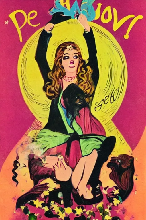 Prompt: poster for peace and love and harmony witch, 1 9 6 0 s
