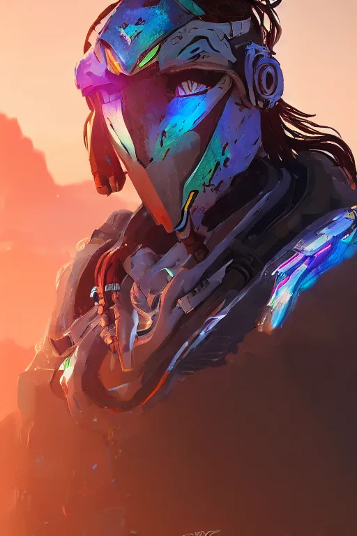 Image similar to combination suit armor aloy horizon forbidden west horizon zero dawn radiating a glowing aura global illumination ray tracing hdr fanart arstation by ian pesty and alena aenami artworks in 4 k tribal robot ninja mask helmet backpack