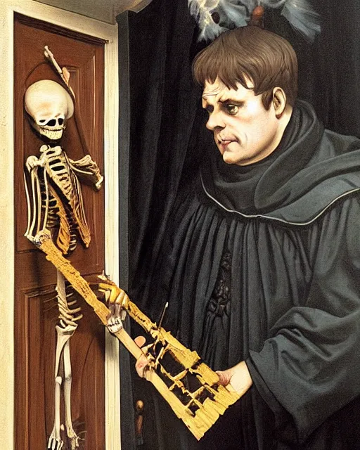 Prompt: A painting of Martin Luther holding a mallet and nailing a cartoon paper-skeleton Halloween decoration to the door of a suburban home, in the styles of Ferdinand Pauwels, Greg Rutkowski, Alphonse Mucha, and Tim Burton, intricate, hyperrealistic, accurate facial details, volumetric lighting