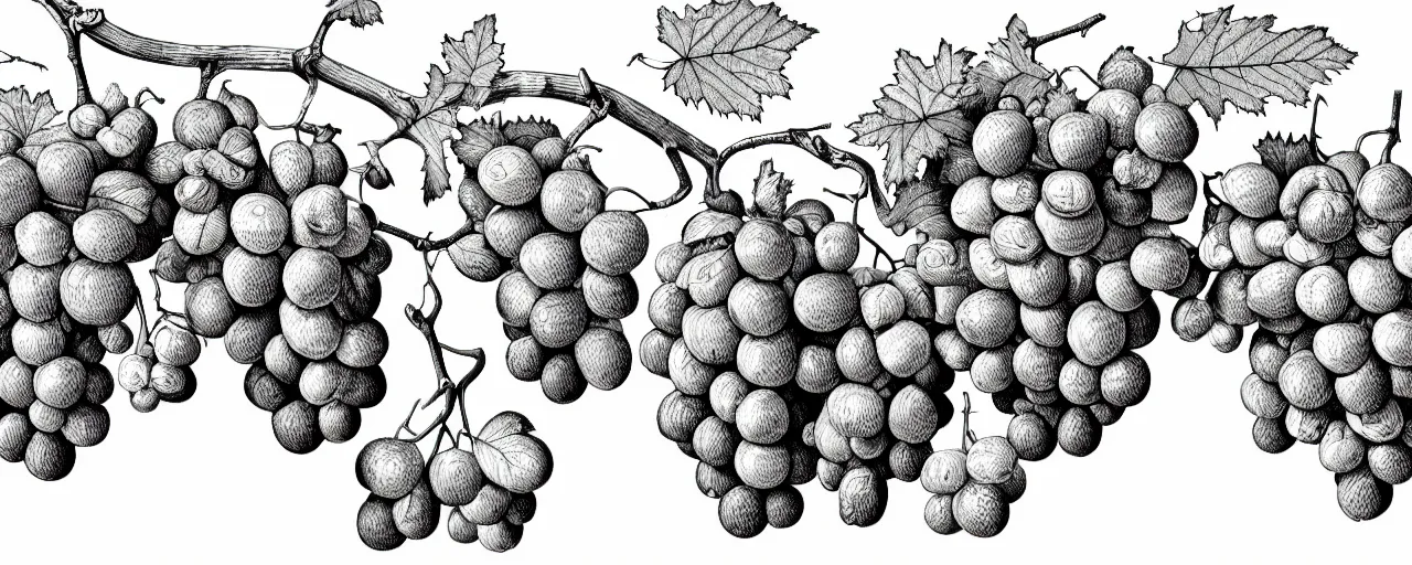 Prompt: a full page schematic diagram illustration of grapes on a branch of oak, oak leaves, oak acorns, ultra detailed, 4 k, intricate, encyclopedia illustration, fine inking lines