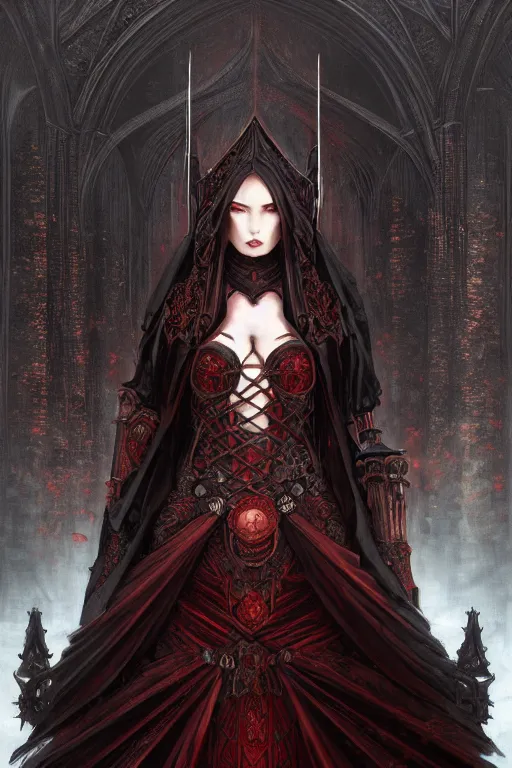 Image similar to beautiful luxury and gothic and victorian and evil medieval female reddish and black color armor knight portrait+smoky eyes+light flowing hair, in ruin gothic cathedral, ultradetail face, art and illustration by tian zi and craig mullins and WLOP and alphonse mucha, fantasy, intricate complexity, human structure, fantasy world concept, watermark, blurry, hyperrealism 8k