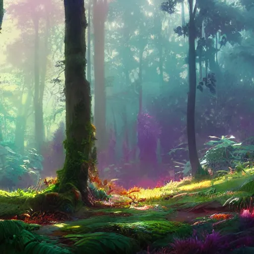 Image similar to concept art painting of a mystical colorful forest, with fog and strange colorful plants, realistic, detailed, cel shaded, in the style of makoto shinkai and greg rutkowski and james gurney