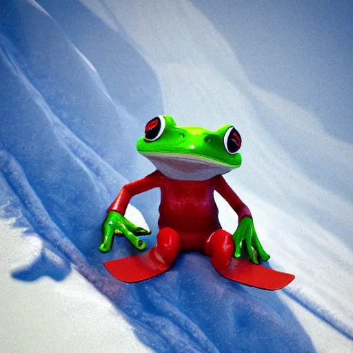 Image similar to 3 d octane frog character skiing down a mountain