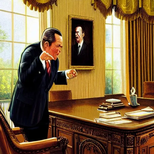 Image similar to walter kronkite slapping president richard nixon in the oval office, highly detailed, elegant, an oil painting by ross tran and thomas kincade, realistic lighting,