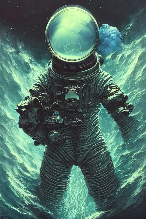 Image similar to close up shot of a full body floating astronaut portrait water elemental, high contrast, james gurney, peter mohrbacher, mike mignola, black paper, mandelbulb fractal, trending on artstation, exquisite detail perfect, large brush strokes, intricate ink illustration, black background