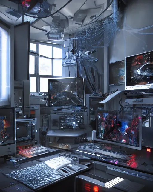 Prompt: artstation scifi scene of a complex computer workstation in a small studio apartment room, many monitors, many electronics, a window view, a tall floor plant, very detailed, maximalism, ambient occlusion, volumetric light, atmospheric haze, unreal engine, hyper realism, realistic shading, cinematic composition, realistic render, octane render, detailed textures, photorealistic, wide shot