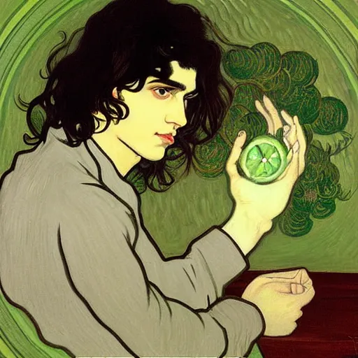 Prompt: painting of young cute handsome beautiful dark medium wavy hair man in his 2 0 s named shadow taehyung at the cucumber matcha soup party, somber, depressed, melancholy, sad, elegant, clear, painting, stylized, delicate, soft facial features, delicate facial features, soft art, art by alphonse mucha, vincent van gogh, egon schiele