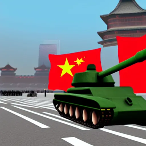 Image similar to roblox noob driving tank in tiananmen square, chinese flag