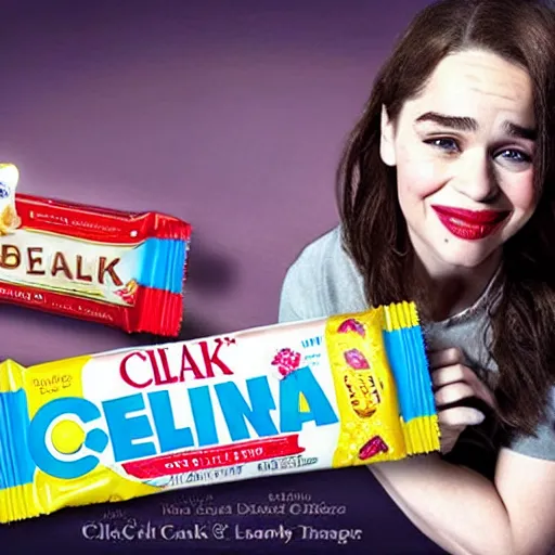 Prompt: emilia clarke mixed with a candy bar, clark bar, candy packaging, disturbing, coherent.,