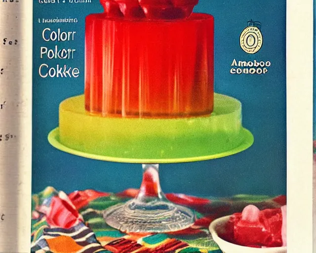 Image similar to 1970's cookbook color photograph of jello cake ambrosia detail high detail