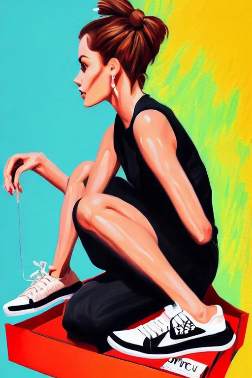 Image similar to a ultradetailed painting of a stylish woman sitting on a pile of sneaker boxes trending on artstation