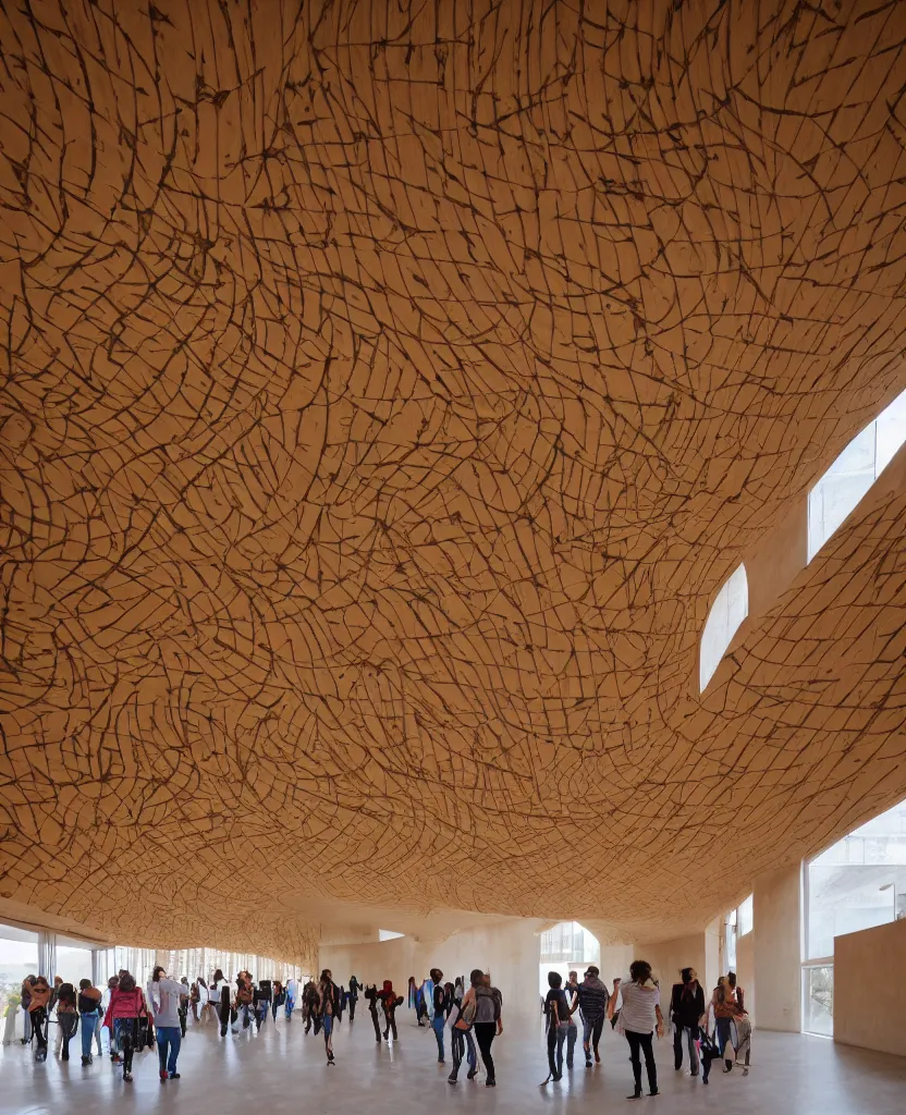 Prompt: indoor photo of a complex cultural building made of fractal rammed earth, people walking