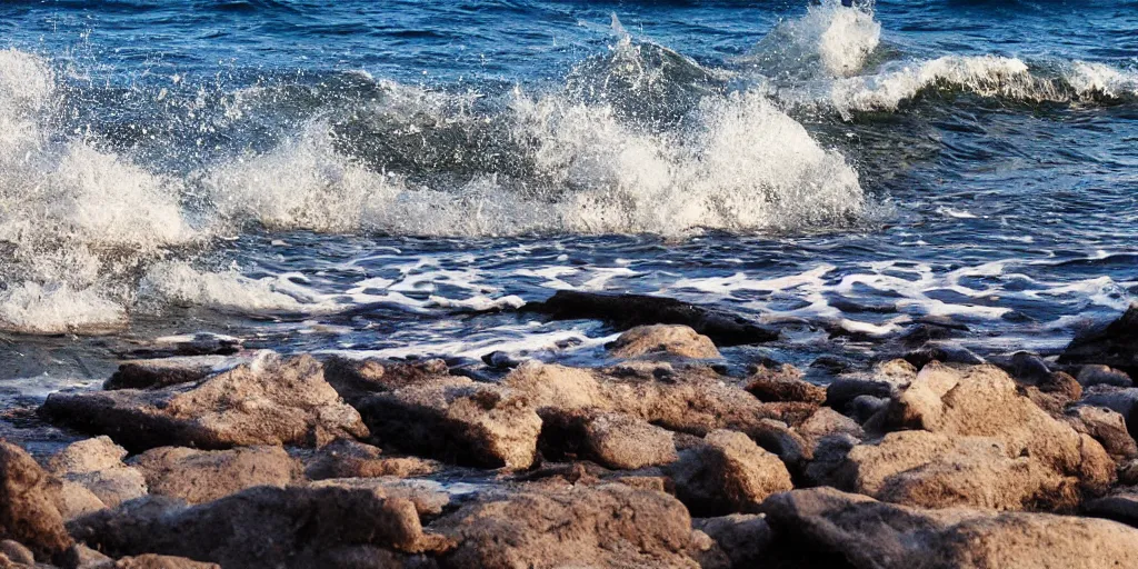 Prompt: beach rock, sea shore, hundreds of shark fins in the waves, dark silouhettes under water, sunset, waves