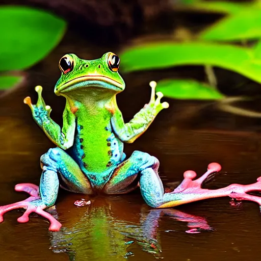 Prompt: mad frog drinking coffee. nature photography.