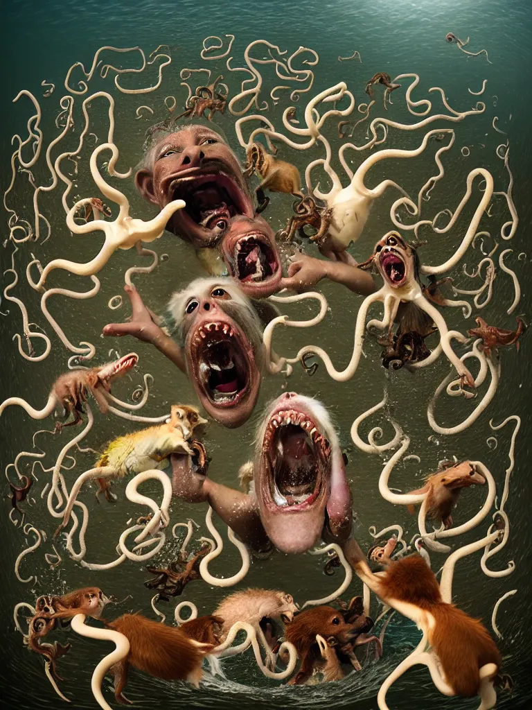 Prompt: a formal portrait photograph of a screaming man in the squally ocean swarmed by squids, dogs, baboons, and squirrels, the man's mouth is stuffed with bones and the water foams all over the gaff