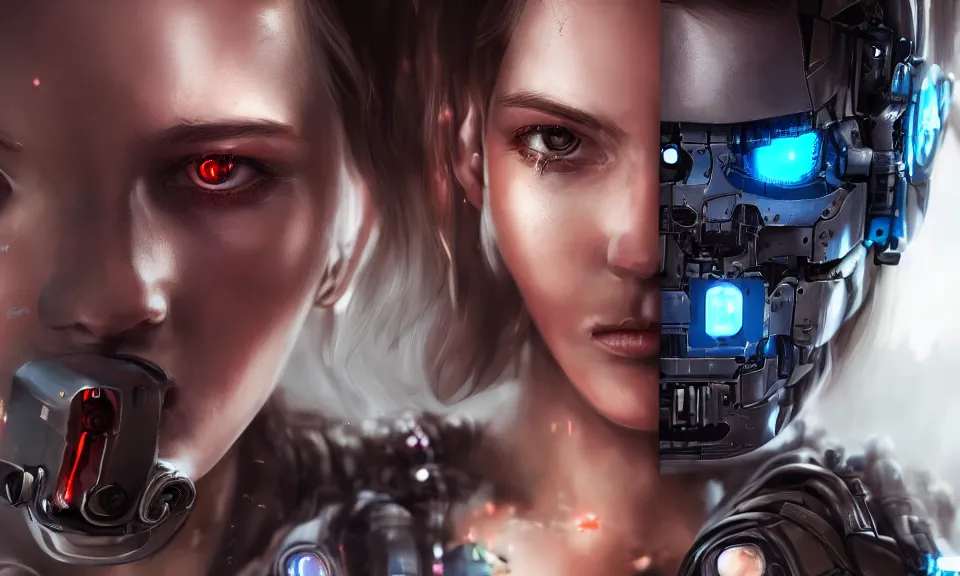 Image similar to a beautiful young girl with a cyborg body Fight with terminator, fine details, cyberpunk, realistic shaded Perfect face ,featured in cinematic, elegant, highly detailed,artstation,illustration, 8k