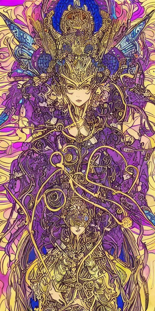 Image similar to a mage from final fantasy 14, intricate, amazing line work, cosmic, psychedelic, cheerful, colorful, tarot cards, empress tarot card