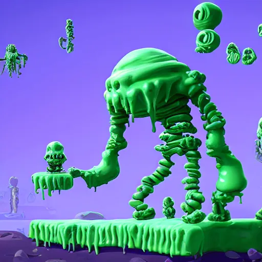 Image similar to slime lord king of the slime universe, skeleton, full body included, wide shot, 1 4 mm lens, f 2. 8, goopy, goop, fluids, soft tissue, subsurface scattering, reflections, ambient occlusion, raytracing, unreal engine 5, pixel art 8 - bit, by beeple