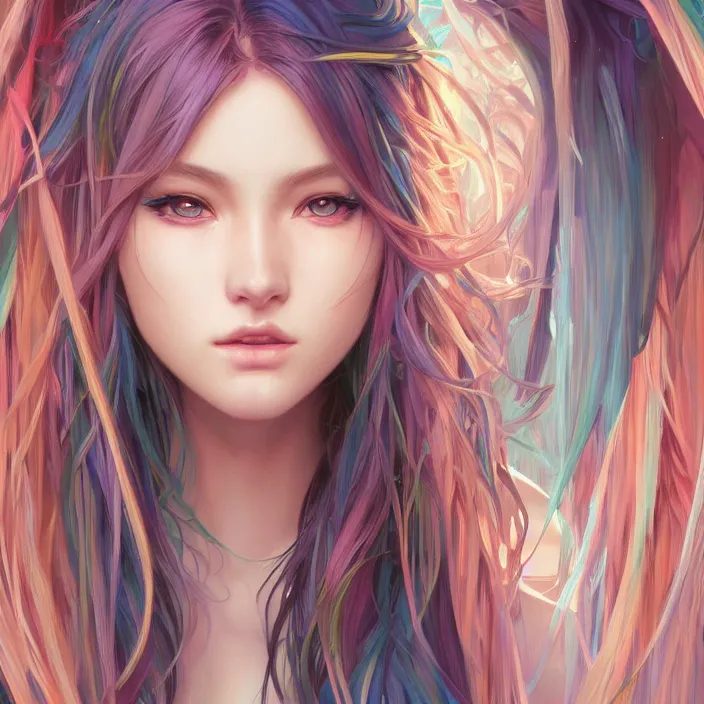 Image similar to portrait of beautiful symmetrical anime girl, rainbow hair, attractive, casual, modern, victoria's secret, highly detailed, digital painting, artstation, concept art, smooth, sharp focus, illustration, art by artgerm, greg rutkowski and alphonse mucha, 8 k,