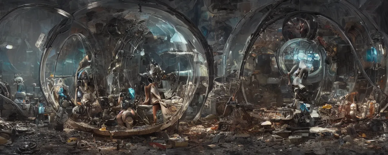 Prompt: an intricate concept art of a human experiment inside a glass circle in a robot junkyard, post - apocalyptic, hyper maximalist, matte painting, ultra detail, concept art, hyper realistic, cgsociety, hyper maximalist, artstation, deviantart, style by feng zhu and dylan cole, octane render, anime style