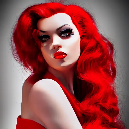 Image similar to modeling photo full body jessica rabbit in her signature red dress by luis royo, femme fatale, beautiful, dark, mysterious, detailed flawless face, dramatic darkroom lighting high exposure, head and shoulders