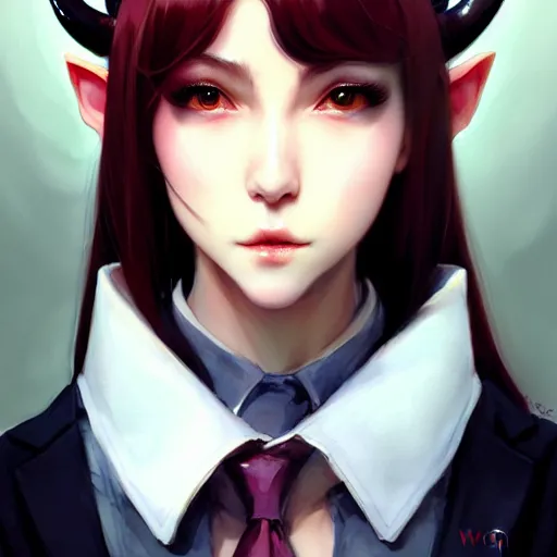 Image similar to character design portrait of a beatiful anthropomorphic furry dragon girl with dragon horns, wearing a suits, looking at the camera, 4 k, concept art, by wlop, wenjun lin, watercolor, ilya kuvshinov, artgerm, krenz cushart, pixiv.