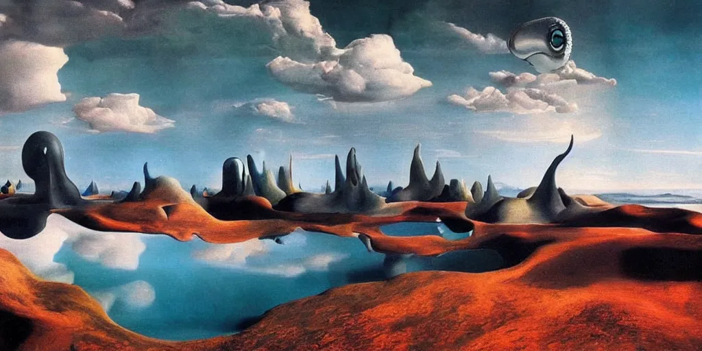 Image similar to surrealist alien landscape, realistic photography, salvador dali, 8k, hd