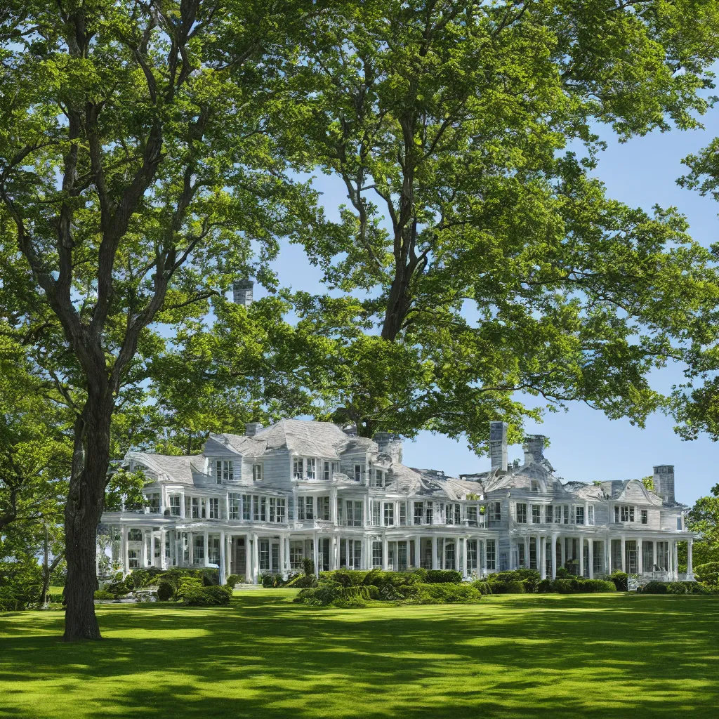 Prompt: hamptons mansion, cape cod architecture, trees and lake, photorealistic, high quality 8 k,