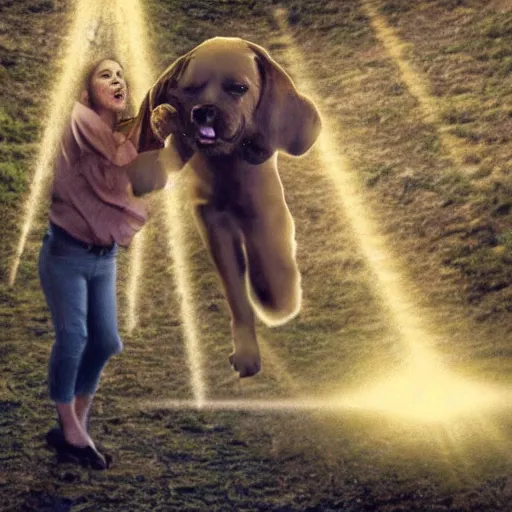 Prompt: movie still of a dog owner getting beamed aboard ( abducted ) by an alien ufo