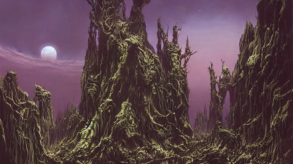 Image similar to eerie atmospheric alien worlds by michael whelan and bernie wrightson, epic cinematic matte painting