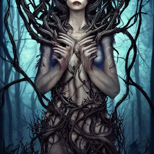 Prompt: dramatic portrait of the dark queen of snakes, wearing a crown of thorned vines, blue skin, realism, dark fantasy illustration, surrounded by dead forest, dynamic lighting, detailed textures, octane render, artstation