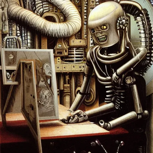 Prompt: robot artist artist painting a self portrait, by john howe, h. r. giger