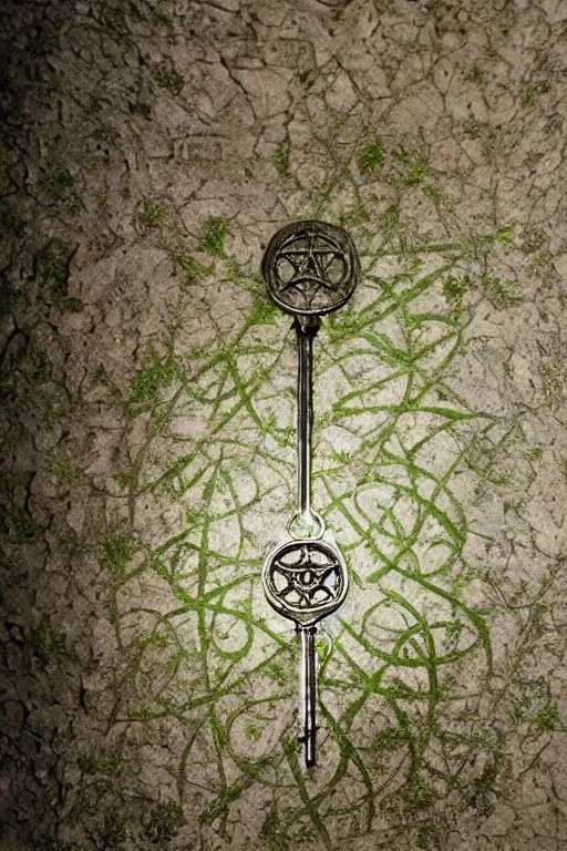 Image similar to the kabbalistic key to the sephira daath, etched into a wall with little bits of crystals, the floor covered by moss cgsociety