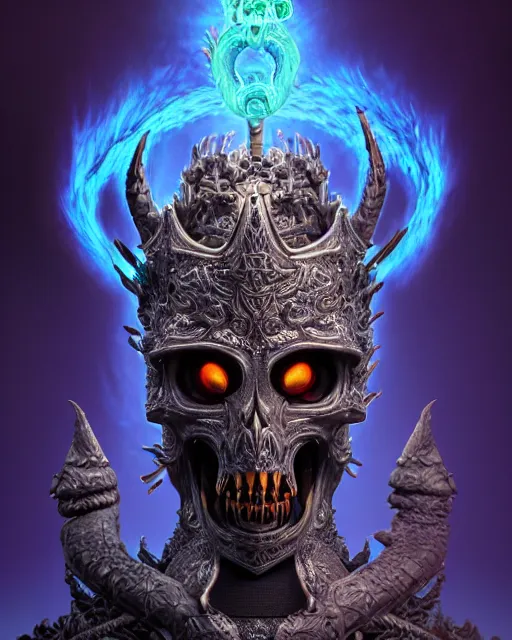 Prompt: 3 d ornate carved lich king with tattoos profile portrait, sigma 5 0 0 mm f / 5. beautiful intricate highly detailed quetzalcoatl skull. bioluminescent, plasma, lava, ice, water, wind, creature, thunderstorm! artwork by tooth wu and wlop and beeple and greg rutkowski, 8 k trending on artstation