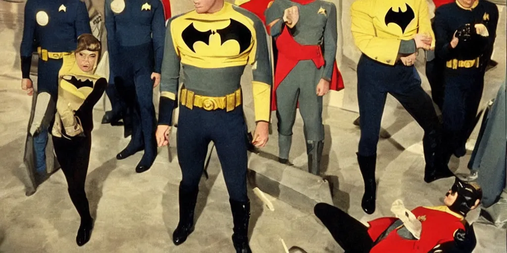 Prompt: ((Batman)) in Starfleet!!! uniform, in the role of Captain Kirk in a scene from Star Trek the original series