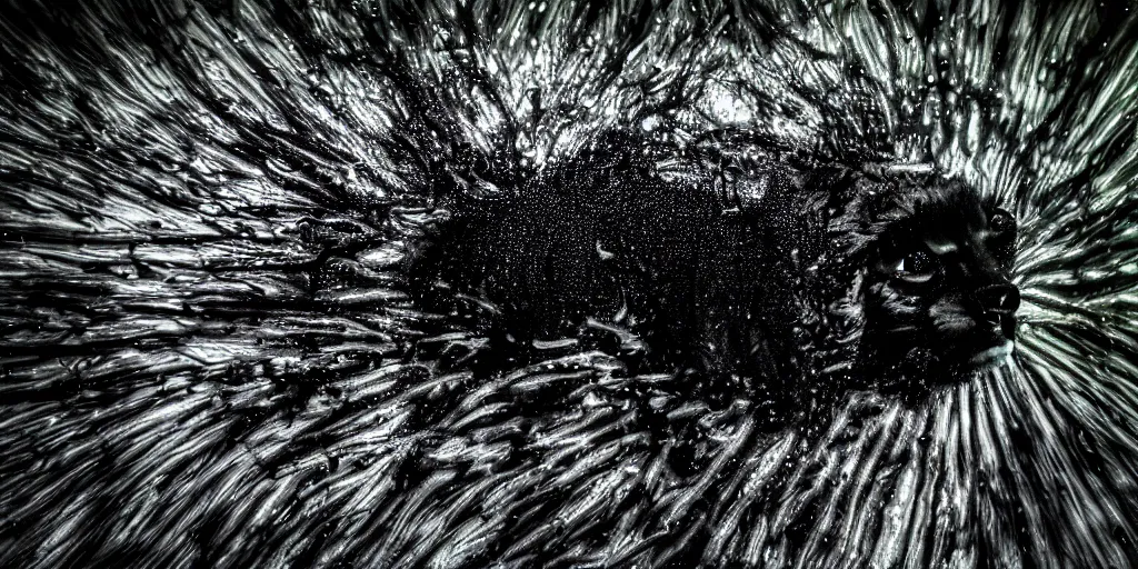 Image similar to the black lioness made of ferrofluid, bating in the drinking basin in the zoo exhibit, viscous, sticky, full of black goo, covered with black goo, splattered black goo, dripping black goo, dripping goo, splattered goo, sticky black goo. photography, dslr, reflections, black goo, zoo, exhibit