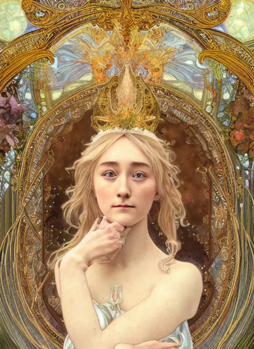 Image similar to Saoirse Ronan as God of Beauty, cute, fantasy, intricate, elegant, highly detailed, digital painting, 4k, HDR, concept art, smooth, sharp focus, illustration, art by alphonse mucha,artgerm, H R Giger