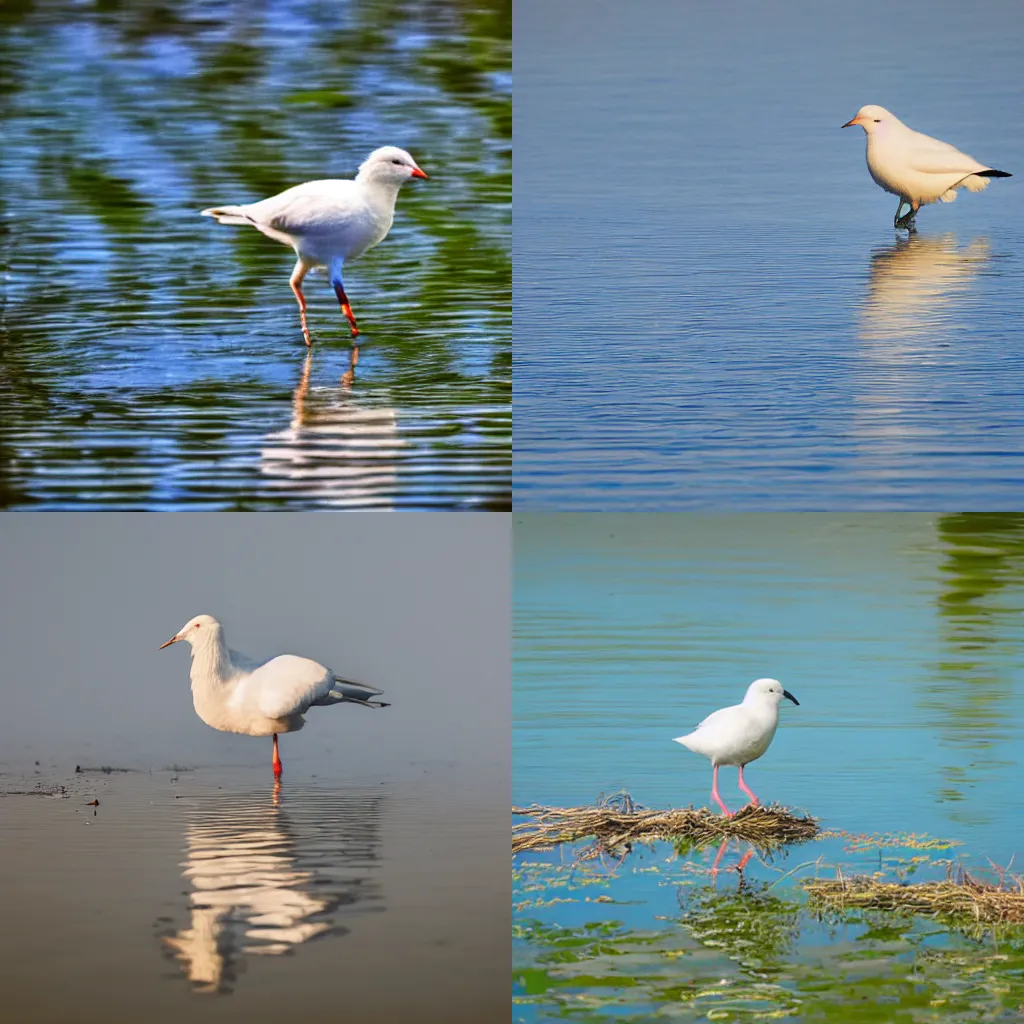 Prompt: a white bird standing on top of a body of water, an impressionist painting by august lemmer, shutterstock contest winner, ecological art, national geographic photo, soft mist, soft light