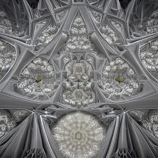 Prompt: a 3 d render of a massive sprawling fractal cathedral exterior populated by mandelbrot fractals, unreal engine, carved soap, white color scheme, volumetric lighting, hyperrealistic, octane render, glowing, carved marble, opalescent, carved wood, depth of field, sacred geometry, religious, angelic, catholicpunk, photorealism, 8 k, ultra detailed