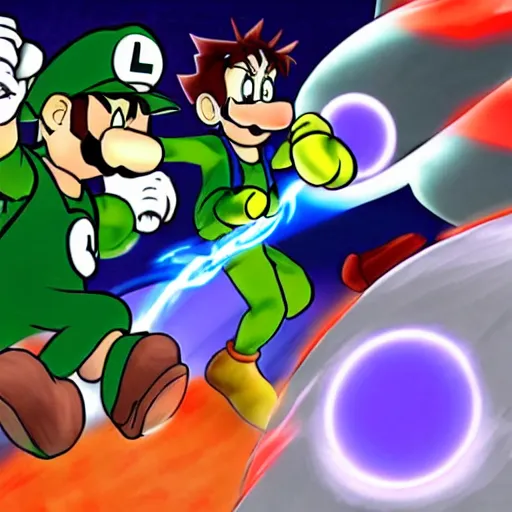 Prompt: luigi and goku battle, epic lighting