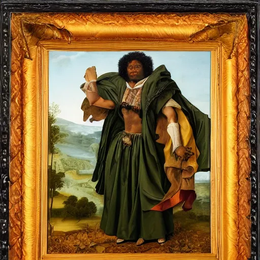 Image similar to photograph of a black man with afro hair wearing an army green cloak, mounting!! an orange colored detailed anatomically correct bull!!, renaissance style painting