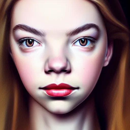 Image similar to hyper realistic photo of a beautiful female model portrait in the style of anya taylor joy