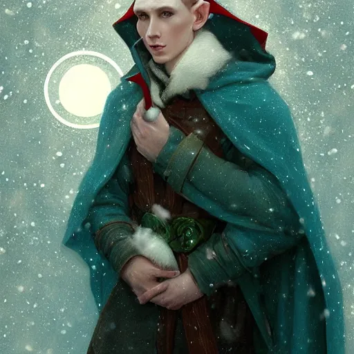 Prompt: portrait of a handsome pointy - eared male snow elf in a turquoise cape, albino skin, pointy ears, mid - shot, moonlight snowing, ethereal opalescent mist, winter vibes, perfect face, elegant, very coherent symmetrical artwork, by greg rutkowski, alphonse mucha, charlie bowater, trending on artstation