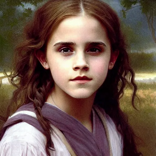 Prompt: painting. [ young ] emma watson as hermione granger 2 0 0 4. prisoner of azkaban. cheerful. happy. art by william adolphe bouguereau. during golden hour. extremely detailed. beautiful. 4 k. award winning.