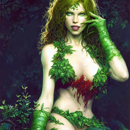 Image similar to poison ivy, fantasy character portrait, ultra realistic, concept art, intricate details, highly detailed, wide angle, by andrew robinson, gaston bussiere, craig mullins, simon bisley