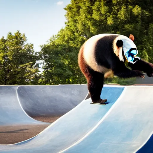 Image similar to a very cool panda bear on a skateboard doing a kickflip in the skatepark. realistic photography, sport photography, sunny day, x - games